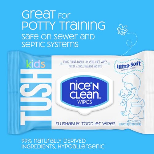 Nice 'N CLEAN Flushable Toddler Wipes 42ct (6-Pack) | 100% Plant-Based, Unscented Wet Wipes for Sensitive Skin | Potty T