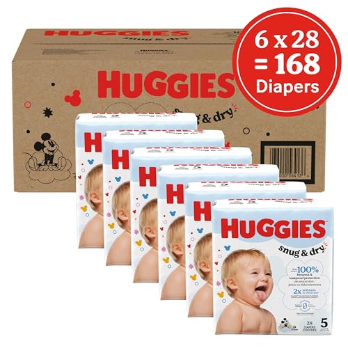 HUGGIES Snug & Dry Size 5 Diapers for Babies, Snug & Dry, 27+ lbs, 168 Count (6 Packs of 28)
