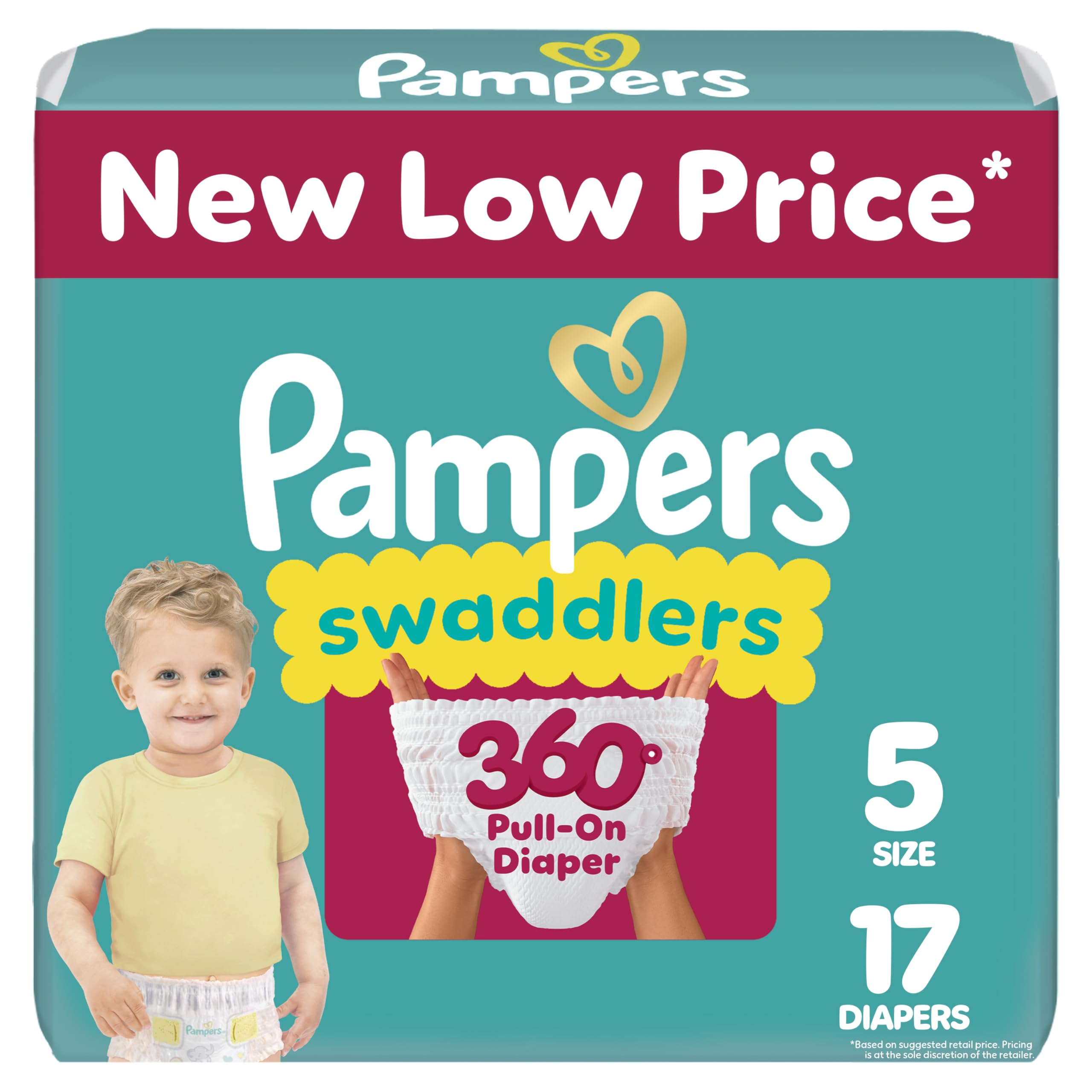 Pampers Swaddlers 360 Pull-On Diapers - Size 5 (22-37 lbs), Best Leakproof Protection for Babies, 17 Countמעצב