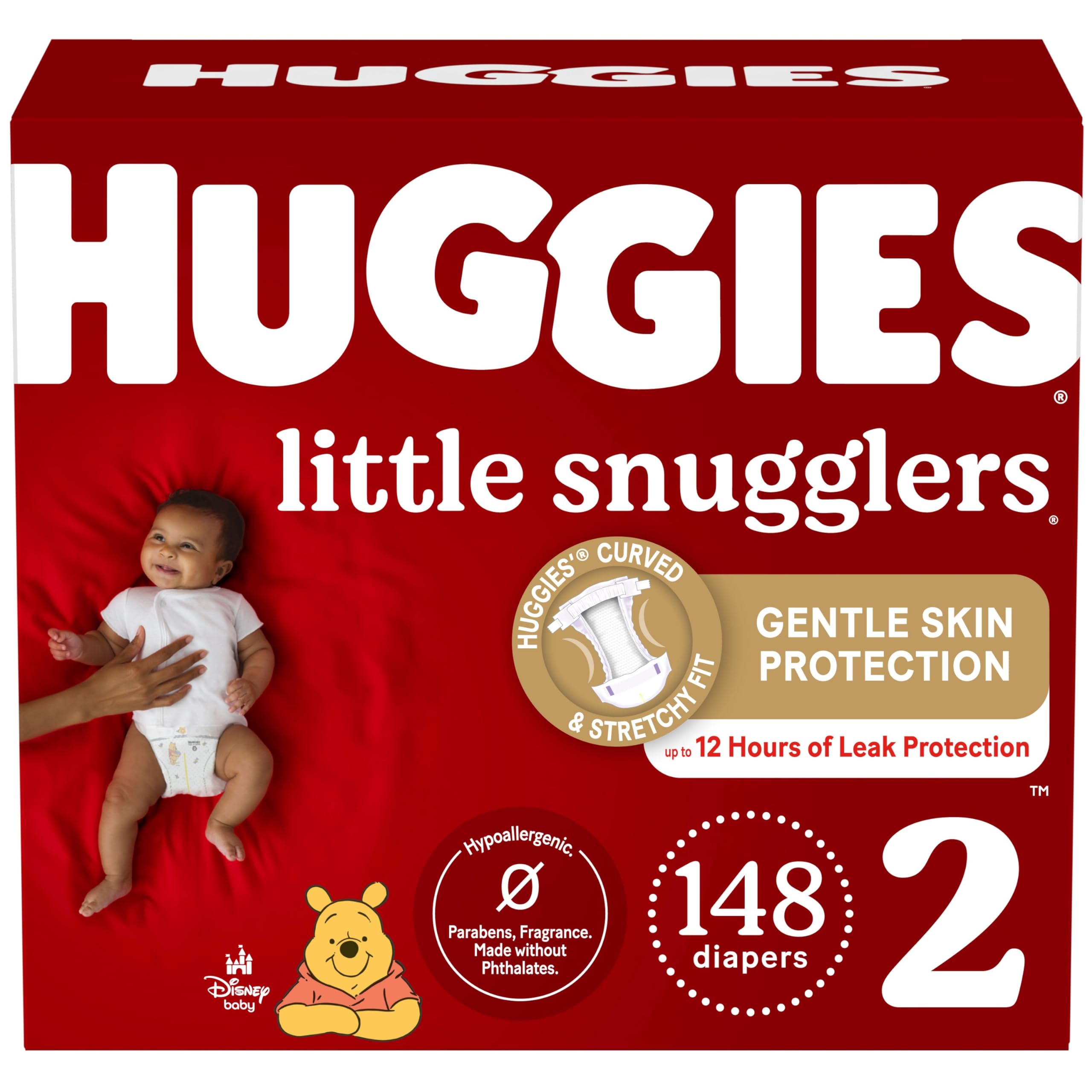 Huggies Size 2 Diapers - Little Snugglers Baby Diapers, 12-18 lbs, 148 Count - Super Absorbent for Sleep and Play