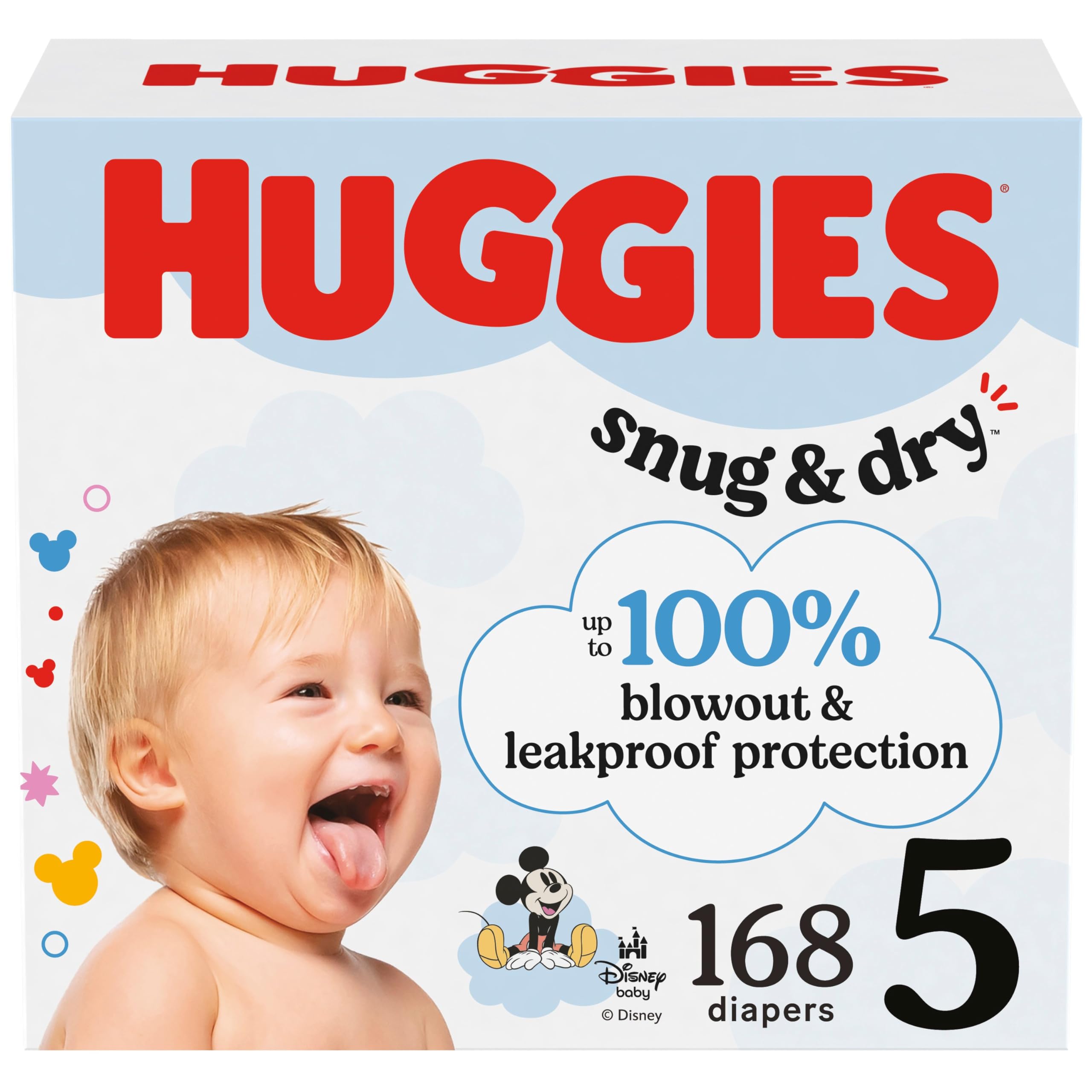 HUGGIES Snug & Dry Size 5 Diapers for Babies, Snug & Dry, 27+ lbs, 168 Count (6 Packs of 28)