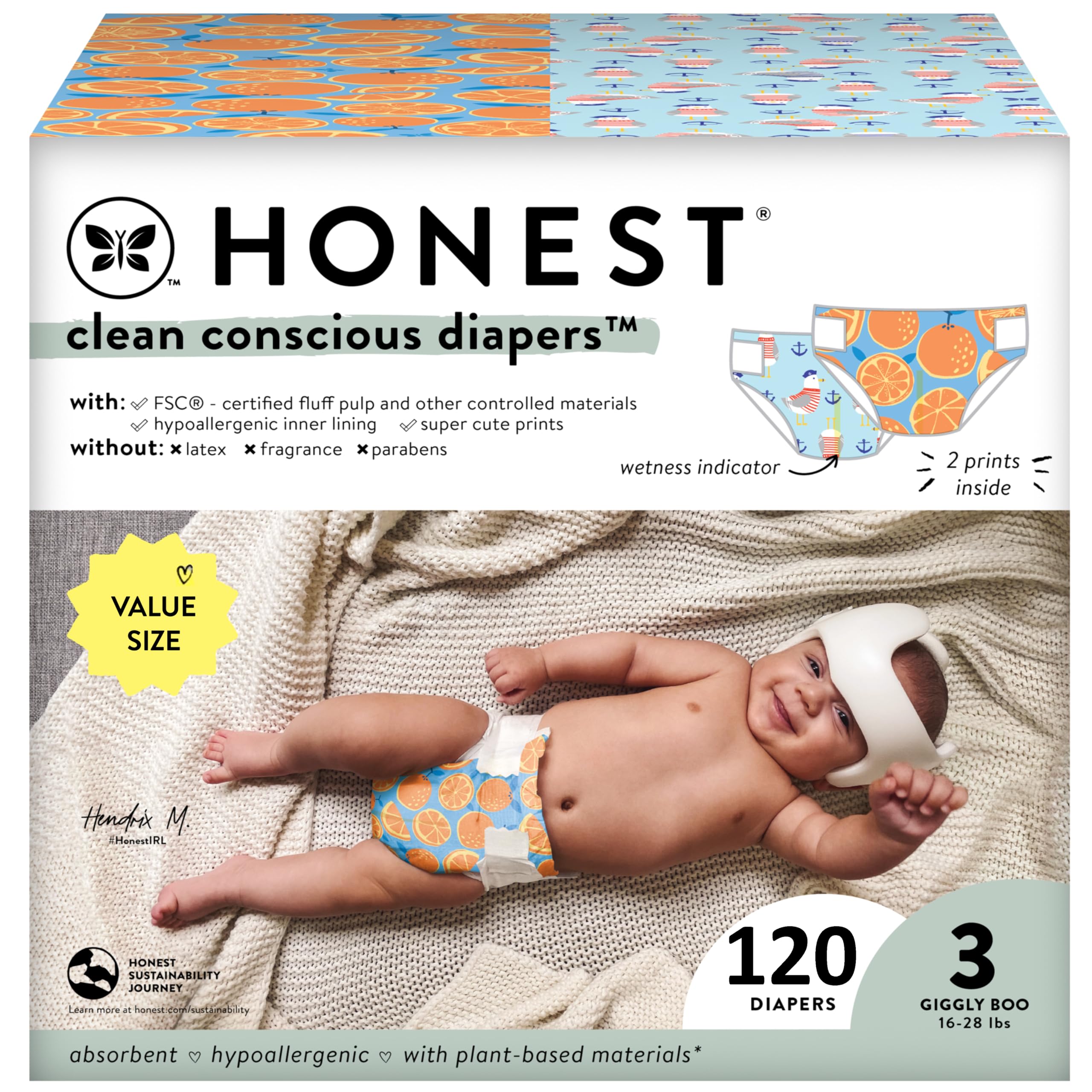 The Honest Company Clean Conscious Diapers for Sensitive Skin | Hypoallergenic, Fragrance Free | Super Club Box, Size 3