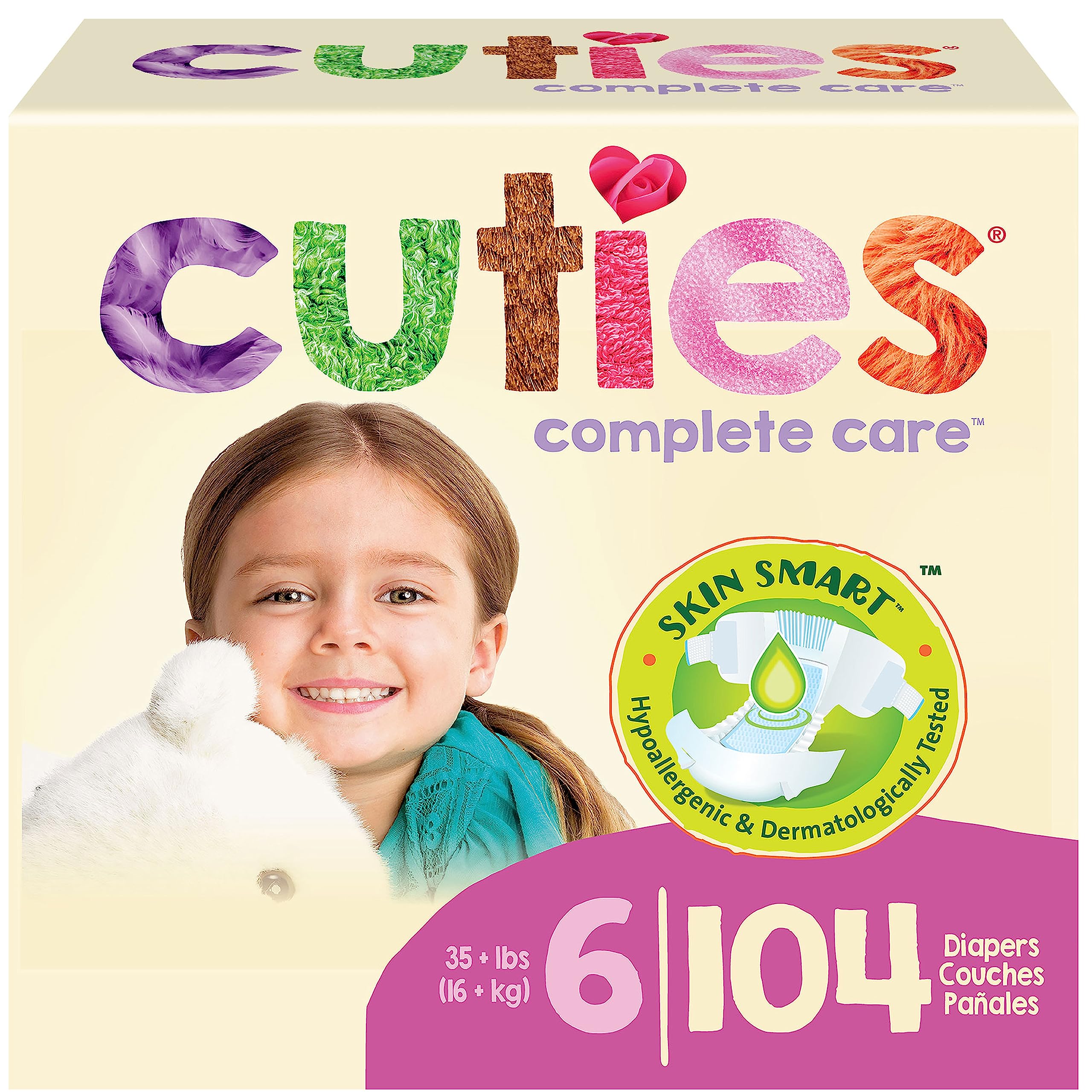 Cuties Skin Smart Absorbent & Hypoallergenic Size 6 Diapers with Flexible & Secure Tabs | 104 Count | Soft & Comfortable